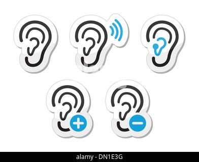 Ear hearing aid deaf problem icons set as labels Stock Vector