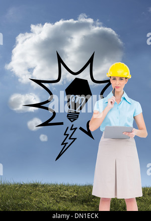 Composite image of thoughtful attractive architect holding clipboard Stock Photo