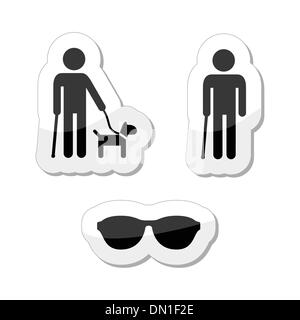 Blind man icons set - with guide dog, walking stick Stock Vector