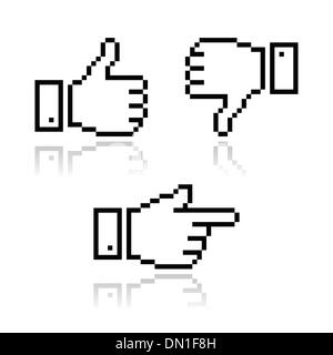 Pixel cursor icons - thumb up, like it, pointing hand Stock Vector