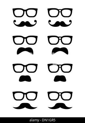 Geek glasses and moustache or mustache vector icons Stock Vector