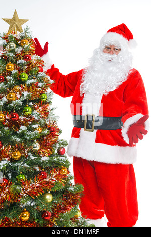 Santa Claus and a Christmas tree isolated on a white background. Stock Photo