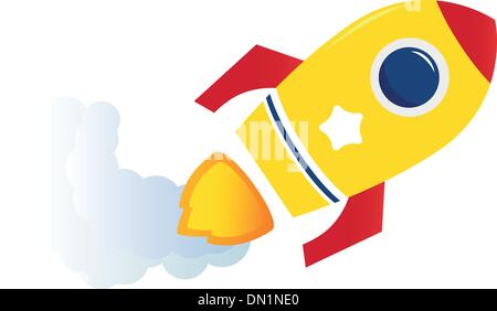 Flying cartoon yellow rocket isolated on white Stock Vector