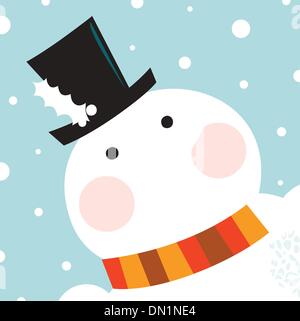 Cute happy Snowman face with snowing background Stock Vector