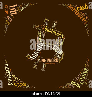 bitcoin logo word cloud with brown wordings on brown background Stock Photo