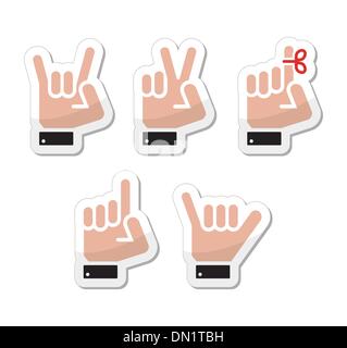 Hand vector gestures, signals and signs - victory, rock, point labels Stock Vector