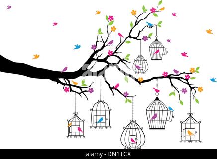 tree with birds and birdcages, vector Stock Vector
