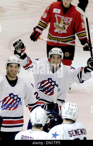 October 13, 2006: AHL - Rochester celebrates after they tie the game up while playing Binghamton - Binghamton Senators at Rochester Americans at The Blue Cross Arena in Rochester, New York. Rochester defeated Binghamton in a shootout.(Credit Image: © Alan Schwartz/Cal Sport Media) Stock Photo