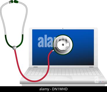 Laptop and stethoscope. Computer repair concept. Stock Vector
