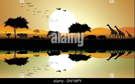 African safari animal silhouette landscape scene on beautiful sunset ...