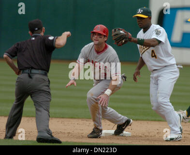 Apr 23, 2006; Oakland, CA, USA; Los Angels Angels of Anaheim base runner ADAM KENNEDY looks hopeful, but to no avail as umpire Lance barksdale calls him out after being tagged by A's shortstop Antonio Perez during their game Sunday, April 23, 2006, against the Angels at McAfee Coliseum in Oakland, Calif. Kennedy had been trying to steal 2nd. The Angels went on to win 4-3. Mandatory Stock Photo