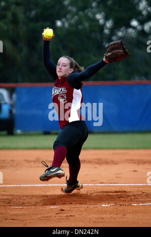 May 15, 2006; Palm Beach Gardens, FL, USA; Before lightning suspended play at the high school softball all-star game at Palm Beach Gardens HS on Monday night, the South Team was leading the North Team 6-4. Dani Caron of Palm Beach Central pitched for the North Team. Mandatory Credit: Photo by Uma Sanghvi/Palm Beach Post/ZUMA Press. (©) Copyright 2006 by Palm Beach Post Stock Photo