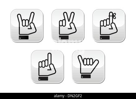 Hand vector gestures, signals and signs - victory, rock, point buttons Stock Vector