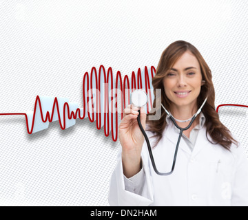 Composite image of happy doctor using stethoscope Stock Photo