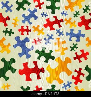 Colorful puzzle seamless pattern in wood texture Stock Vector