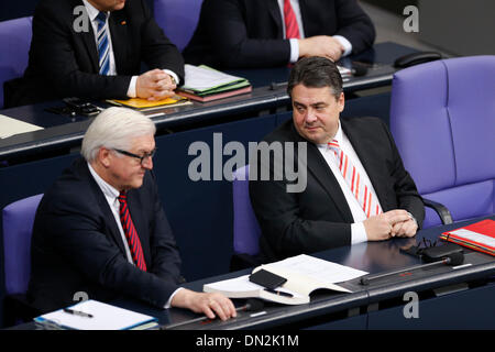 Berlin, Germany. December 18th, 2013. Session of the German Parliament - Chancellor Merkel gives a  Governmental declaration to the next European council. / Picture: Frank-Walter Steinmeier (SPD), Minister of Foreign Office, and Sigmar Gabriel (SPD), Minister of Economy and Energy, Credit:  Reynaldo Chaib Paganelli/Alamy Live News Stock Photo