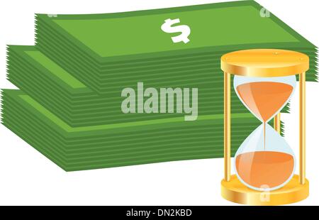 Time is money concept. Money icon. Money stack and golden hourglass. Stock Vector
