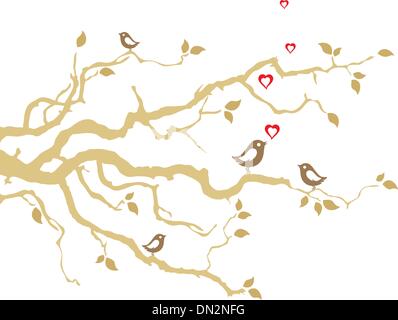Two love birds on golden tree branches Stock Vector