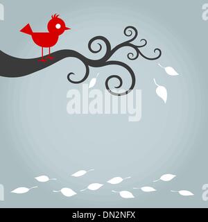 red bird on tree with fallen leafs Stock Vector