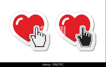 Heart with cursor hand labels - valentines, love, finding partner online concept Stock Vector