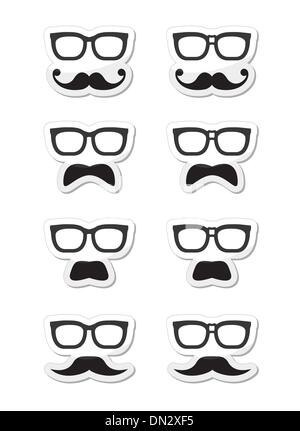 Geek glasses and moustache or mustache vector labels Stock Vector