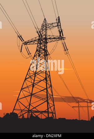 Power lines and electric pylons Stock Vector