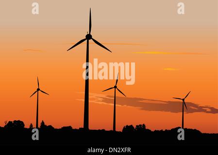 Wind generators in sunrise Stock Vector