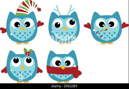 Cute winter owl collection isolated on white Stock Vector
