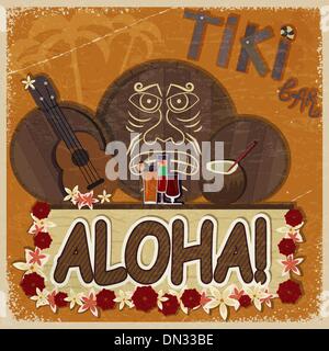 Vintage orange card - signboard tiki bar - with the image ukulel Stock Vector