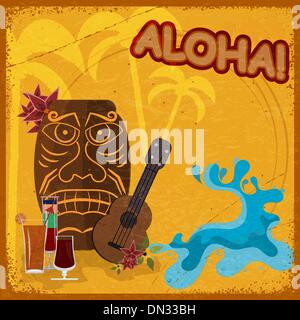 Vintage postcard with  featuring Hawaiian masks, guitars and coc Stock Vector