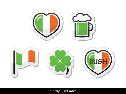 St Patricks Day icons - irish flag, clover, green beer Stock Vector