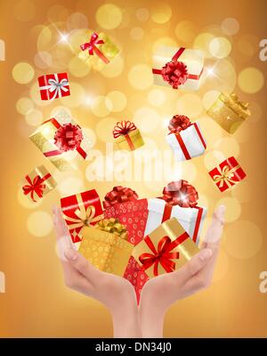 Holiday background with hands holding gift boxes. Concept of giv Stock Vector