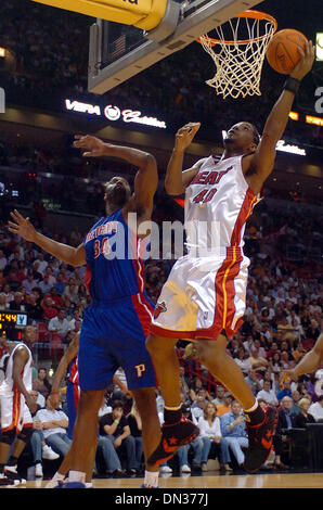 Nov 30, 2006; Miami, FL, USA; Miami Heat forward Udonis Haslem (40) scores past Detroit Pistons center Dale Davis (24) during the first quarter at the American Airlines Area Thursday, Nov.30. 2006, in Miami. Mandatory Credit: Photo by Steve Mitchell/Palm Beach Post/ZUMA Press. (©) Copyright 2006 by Palm Beach Post Stock Photo