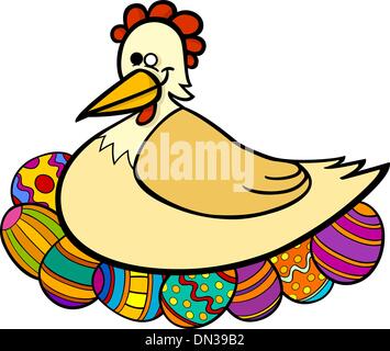 hen hatching easter eggs cartoon illustration Stock Vector