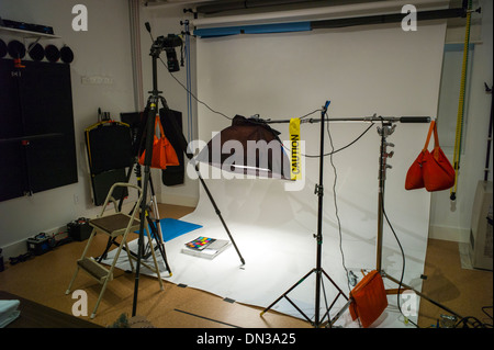 Commercial photography set, including lighting, background and grip gear. Stock Photo