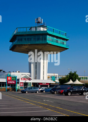 The hexagonal Pennine Tower at Lancaster Forton Moto Services on the M6 Motorway Lancashire England UK built 1965 listed in 2012 Stock Photo