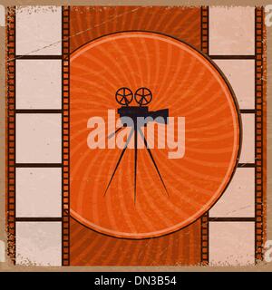 Vintage orange background with the silhouette of movie camera an Stock Vector