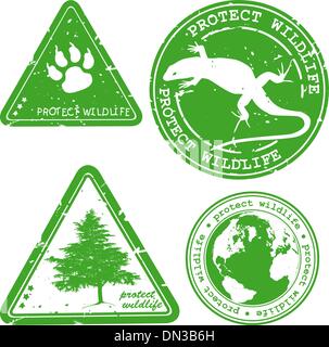 Protect wildlife written inside the stamp. Green grunge rubber s Stock Vector