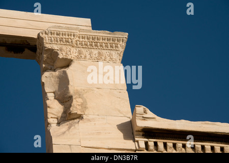 Greece, Athens, Acropolis. Erectheum, detail of carved stone ruins. Stock Photo