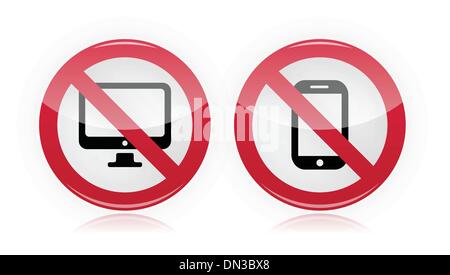 No computer, no mobile or cell phone - forbidden, red warning sign Stock Vector