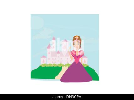 Beautiful young princess holding a big green frog Stock Vector