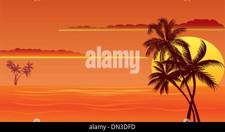 Illustration of tropical island with palms, sunset and dolphin (summer ...