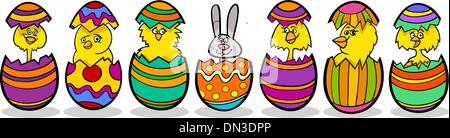 chickens in easter eggs cartoon illustration Stock Vector