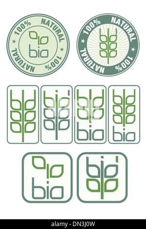 Stamps and icon with bio symbol Stock Vector