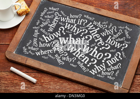 who, what, when, where, why, how questions - brainstorming concept on a vintage slate blackboard with a cup of coffee Stock Photo