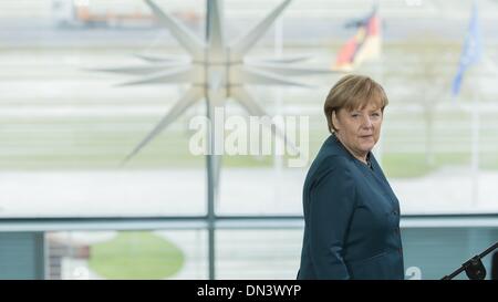 Berlin, Germany. 18th Dec, 2013. Chancellor Angela Merkel and Ursula von der Leyen (CDU), Minister of Defence, receives family members of the soldiers as well as policemen who are in the foreign assignment, to a Christmas conversation at the Chancellery in Berlin. / Picture: Chancellor Angela Merkel (CDU), Chancellor.Photo: Reynaldo Paganelli/NurPhoto Credit:  Reynaldo Paganelli/NurPhoto/ZUMAPRESS.com/Alamy Live News Stock Photo