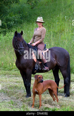 French woman riding her horse on a farm near Angouleme in southwestern France. Stock Photo