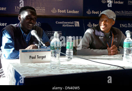 Nov 01, 2006; MANHATTAN, NEW YORK, USA; PAUL TERGAT (L) and HENDRICK RAMAALA (R) speak at Tavern on the Green in Central Park. 2006 New York City Marathon 'New York's Fabulous Finishes' press conference with defending champion Paul Tergat and runner-up Hendrick Ramaala. Paul Tergat of Kenya finished three tenths of a second in front of Hendrick Ramaala of South Africa to win the 20 Stock Photo