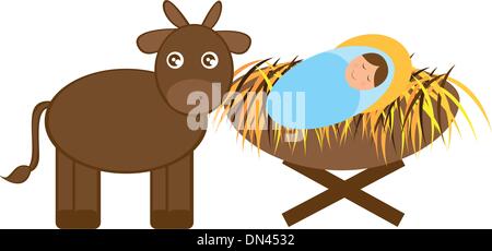 Baby Jesus with Donkey and ox Stock Vector