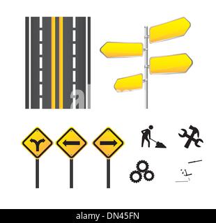 Yellow street signs. Directional pole with wayfinding arrows, finger ...